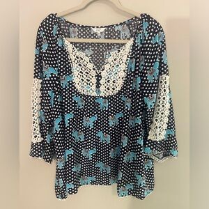 Crown & Ivy Black and Blue Elephant Print Blouse
